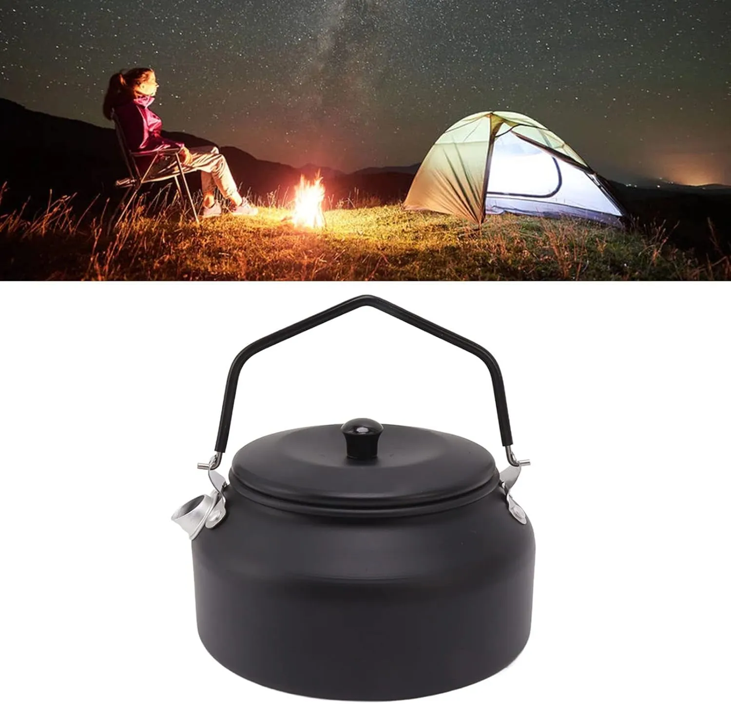 0.9L Outdoor Camping Kettle, 5.9x5.9x6.3in Aluminum Portable Camping Tea Kettle Coffee Pot Hiking Kettle Pot for Backpacking Picnic Hiking Travel (Matte Black)