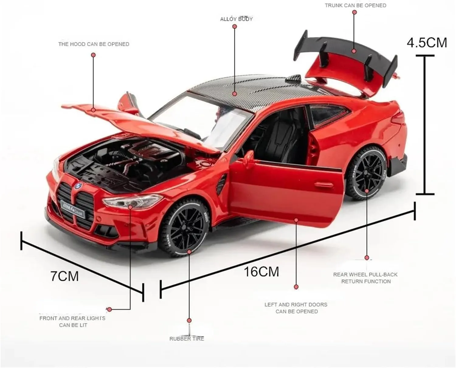 1 32 for BMW M4 Supercar Alloy Car Model with Pull Back Sound Light Gift Car Enthusiasts Collection Diecast Model Simulation Vehicle Playset(Red)