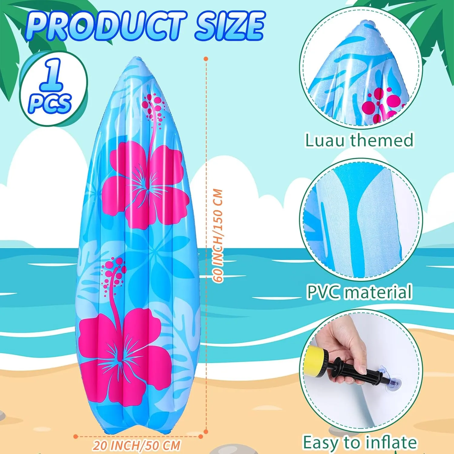 1 Pcs 60" Long Inflatable Surf Board Luau Decoration Theme Beach Pool Toy Tropical Inflatable Surfboard Float Board Beach Party Decorations for Kids Adults Summer Hawaiian Party (Flower)