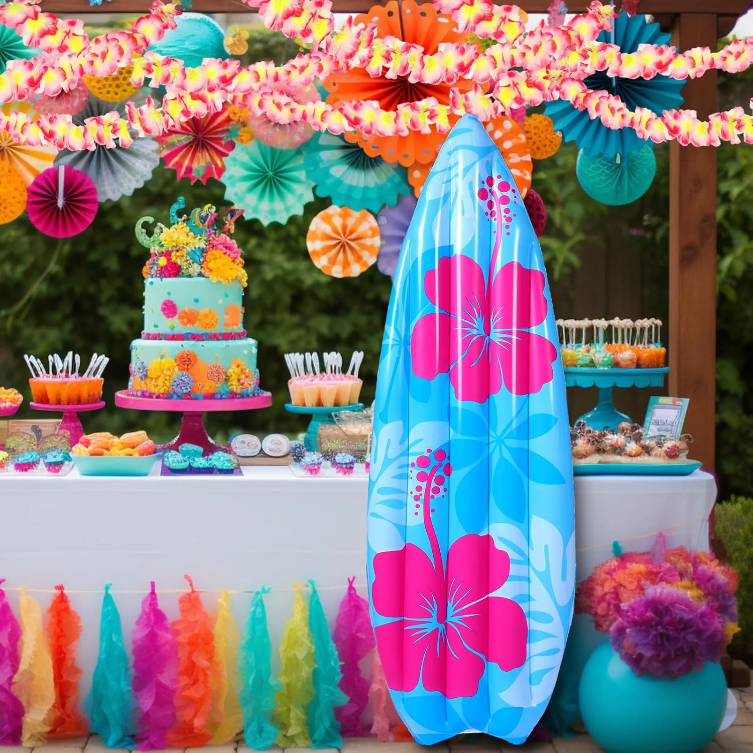 1 Pcs 60" Long Inflatable Surf Board Luau Decoration Theme Beach Pool Toy Tropical Inflatable Surfboard Float Board Beach Party Decorations for Kids Adults Summer Hawaiian Party (Flower)