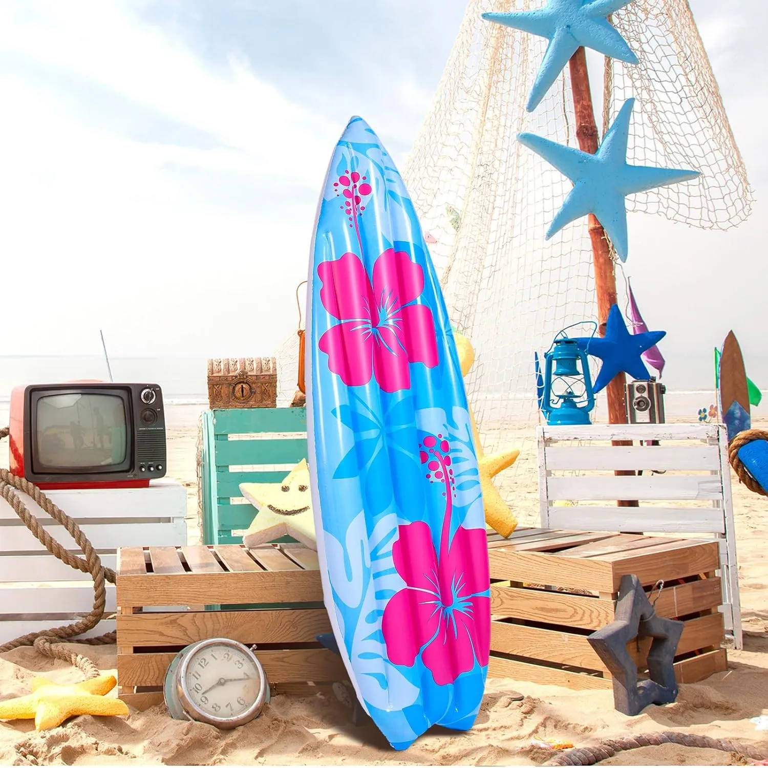 1 Pcs 60" Long Inflatable Surf Board Luau Decoration Theme Beach Pool Toy Tropical Inflatable Surfboard Float Board Beach Party Decorations for Kids Adults Summer Hawaiian Party (Flower)