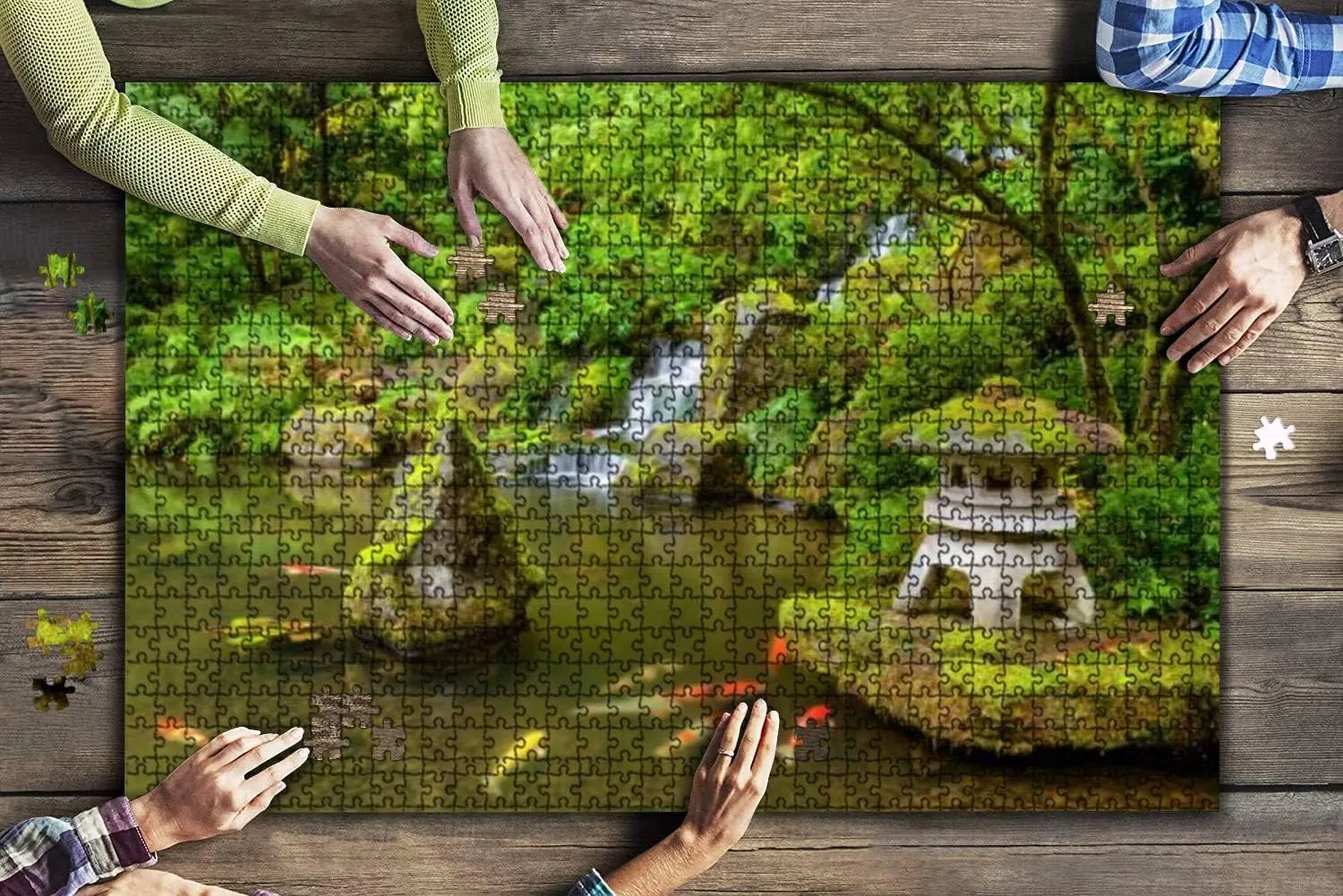 1000 Piece Portland Japanese Garden Pond with koi Fish carp Japanese Kois and Large Piece Jigsaw Puzzles for Adults Educational Toy for Kids Creative Games Entertainment Wooden Puzzles Home Decor