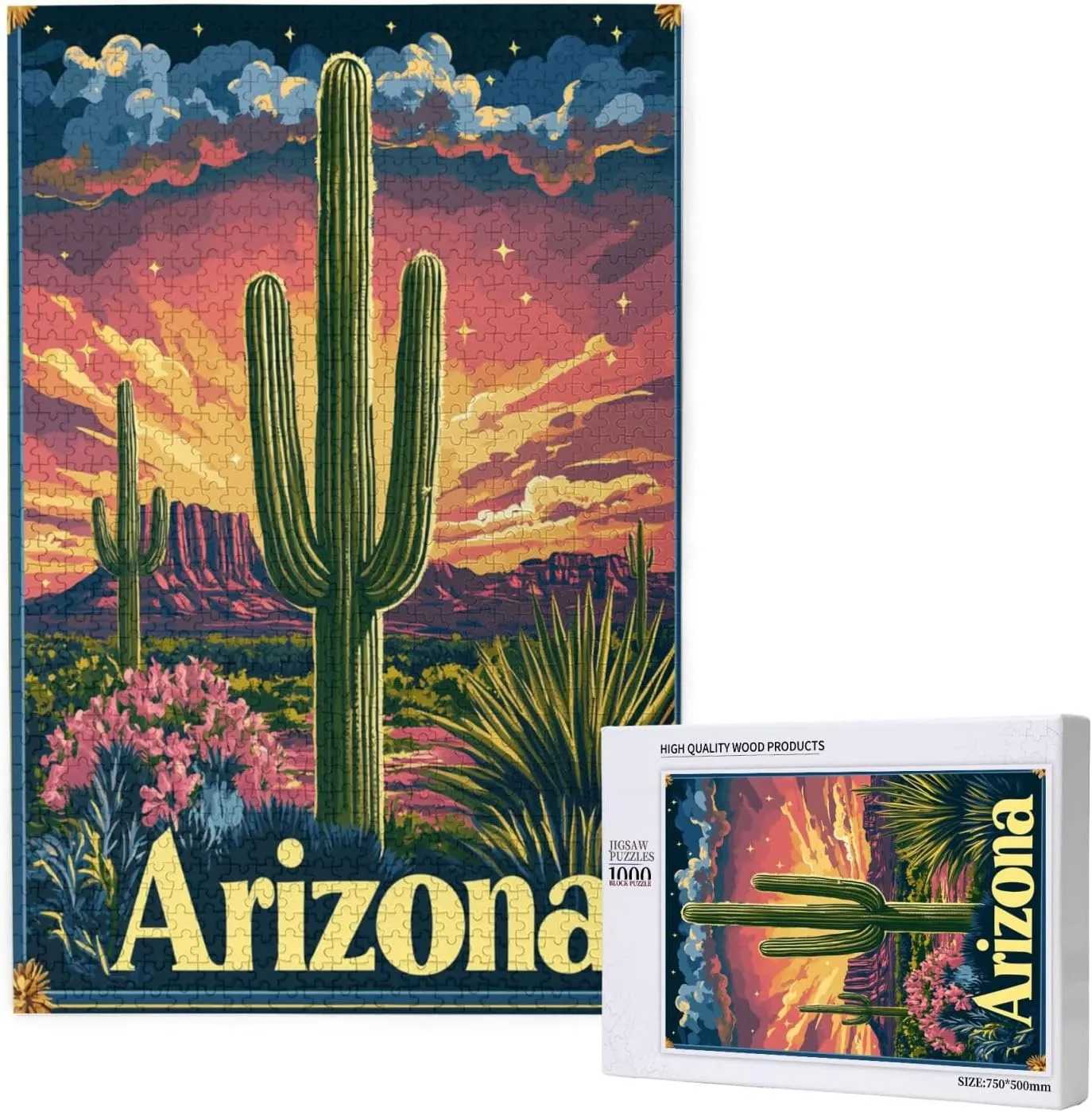 1000 Piece Wooden Puzzle for Adults,Iconic Arizona Desert Landscape with Towering Saguaro Cacti,Brain Training Challenge,Stress Relief Activity,Southwestern Wilderness Artwork