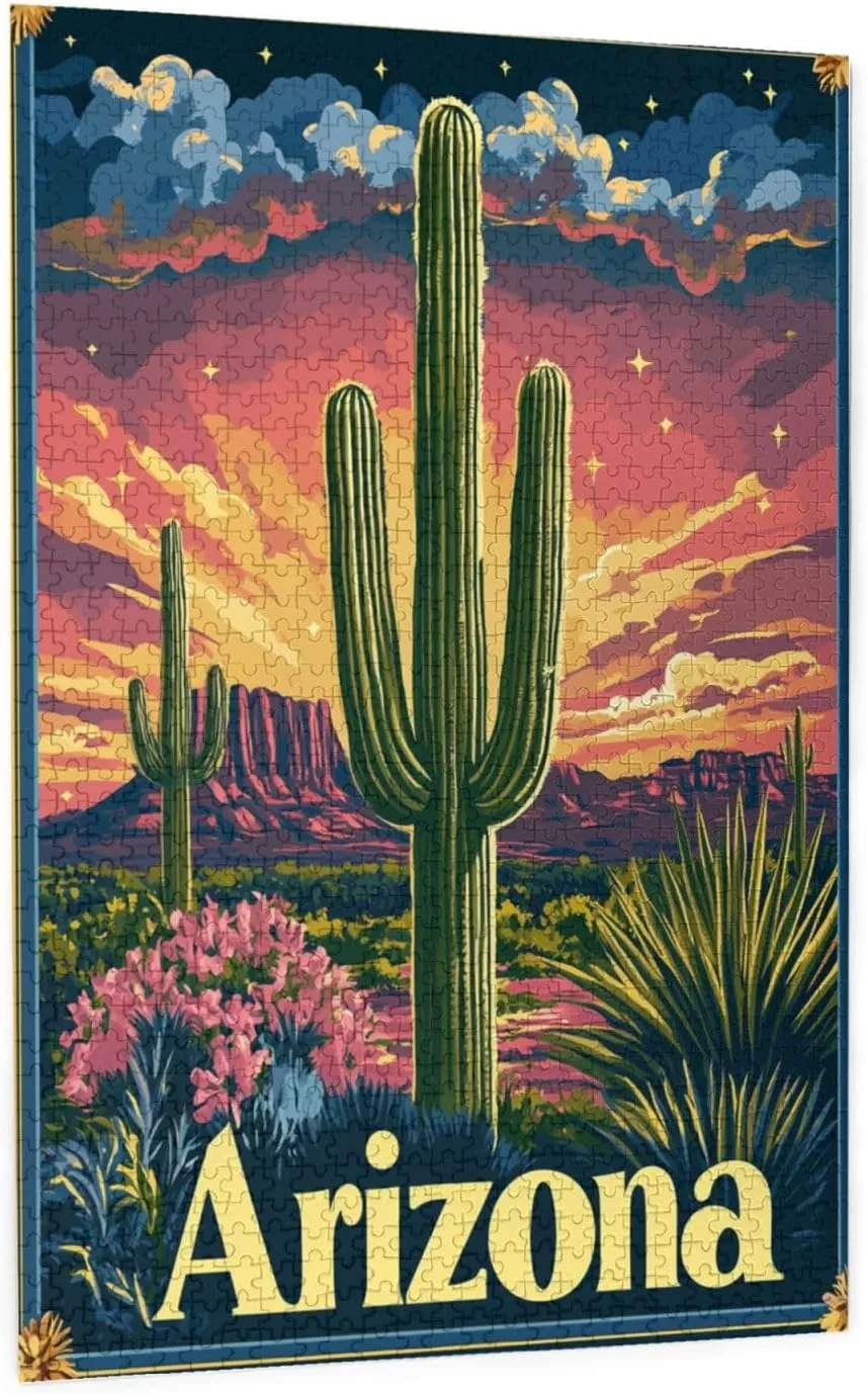 1000 Piece Wooden Puzzle for Adults,Iconic Arizona Desert Landscape with Towering Saguaro Cacti,Brain Training Challenge,Stress Relief Activity,Southwestern Wilderness Artwork