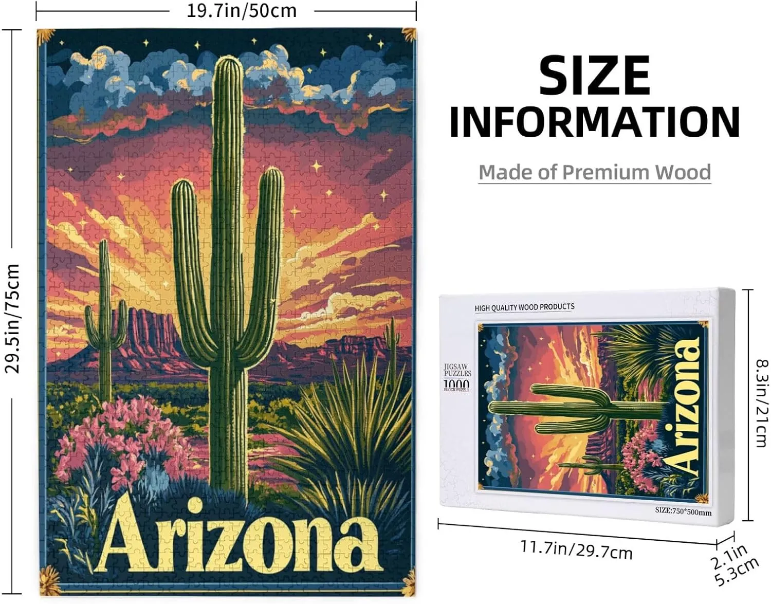 1000 Piece Wooden Puzzle for Adults,Iconic Arizona Desert Landscape with Towering Saguaro Cacti,Brain Training Challenge,Stress Relief Activity,Southwestern Wilderness Artwork