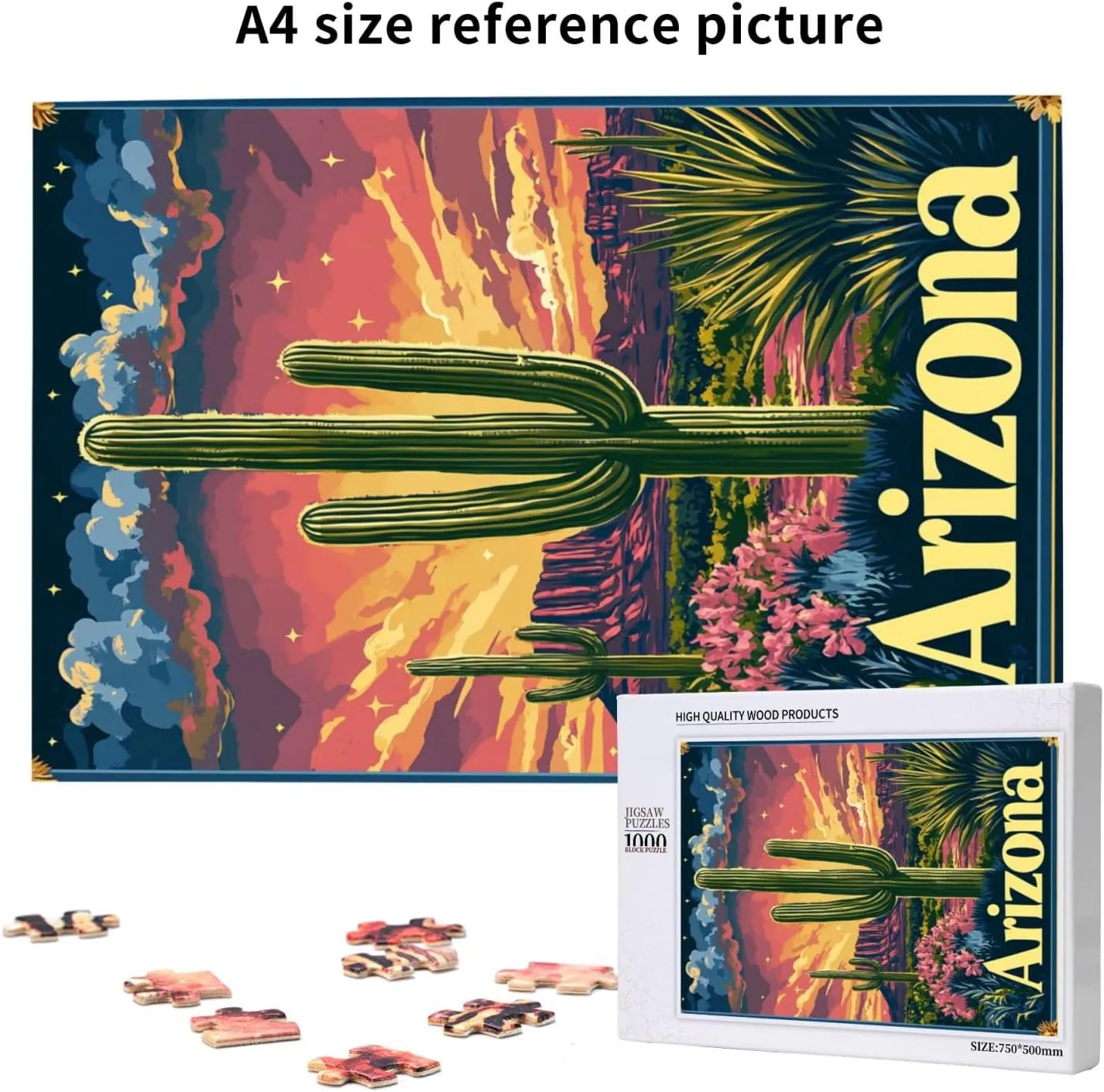 1000 Piece Wooden Puzzle for Adults,Iconic Arizona Desert Landscape with Towering Saguaro Cacti,Brain Training Challenge,Stress Relief Activity,Southwestern Wilderness Artwork