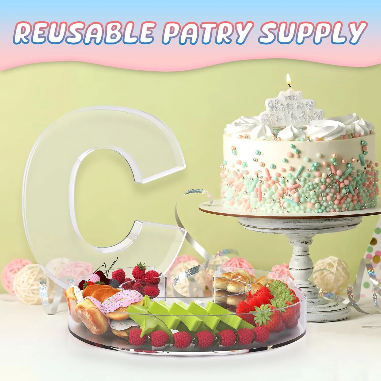 11" Acrylic Letter Charcuterie Box, Reusable Fillable Alphabet Number Shaped Form Tray for Birthday Anniversaries, Party Decorative Serving Plates Display Candy Cake (C)