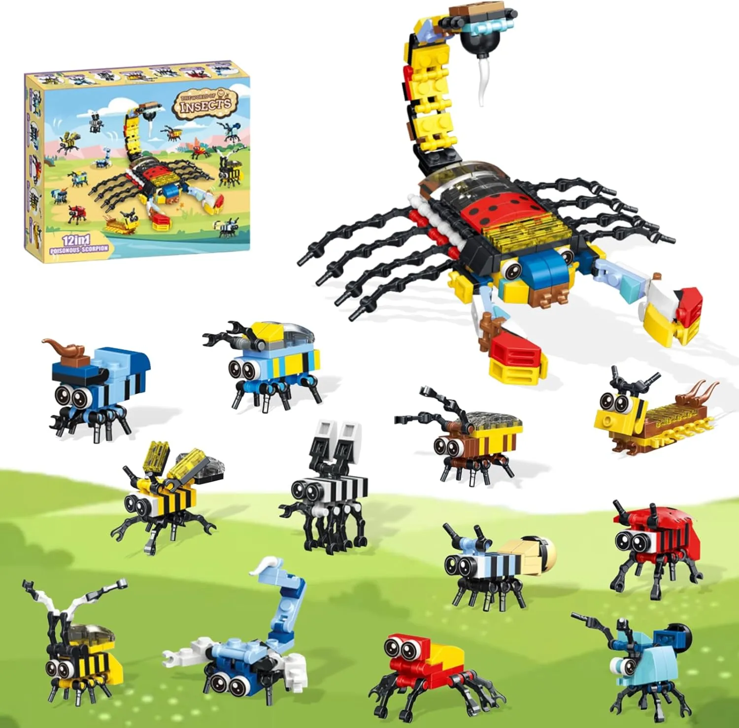 12 Insect Animal Party Favors Mini Building Blocks for Kids, 12 in 1 Scorpion Building Sets Stem Toys for Classroom Prizes Gift Bag Fillers Easter Birthday Gifts Boys Girls 6-12