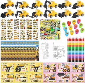 122 Pcs Construction Party Favors, Excavator Goodie Bags Stuffers -Coloring Books, Tattoo Stickers, DIY Stickers, Stampers, Cars, Crayons,Stickers & xcavate Fun with Engineering-Birthday Party Gift