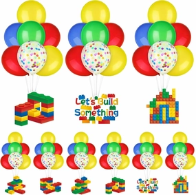 124 Pcs 12 Set Building Blocks Balloon Stand Kit for Building Blocks Party Centerpieces Decorations with 27.6 Inch Balloons Stand and Brick Cards Table Toppers for Brick Birthday Party