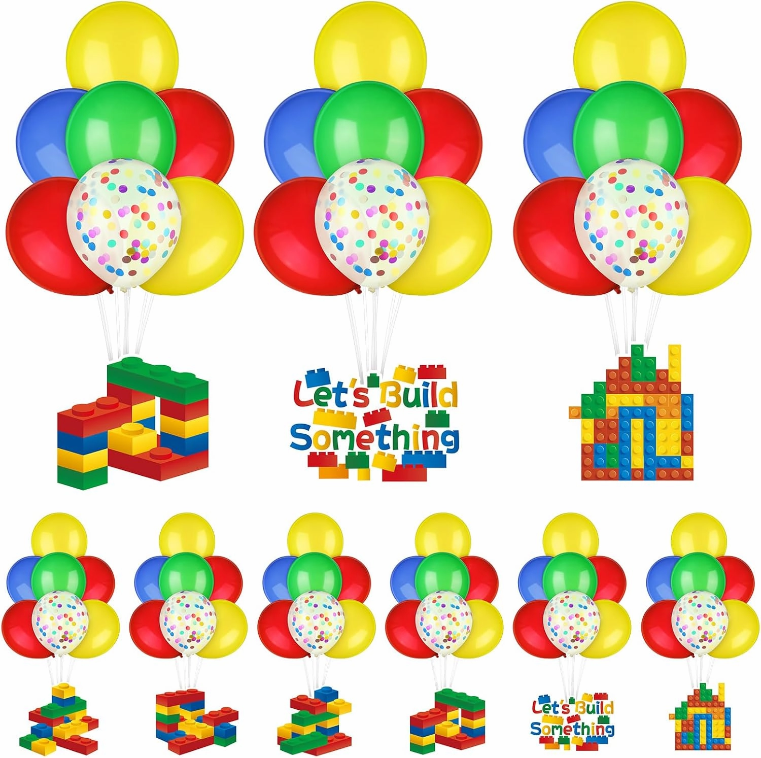 124 Pcs 12 Set Building Blocks Balloon Stand Kit for Building Blocks Party Centerpieces Decorations with 27.6 Inch Balloons Stand and Brick Cards Table Toppers for Brick Birthday Party
