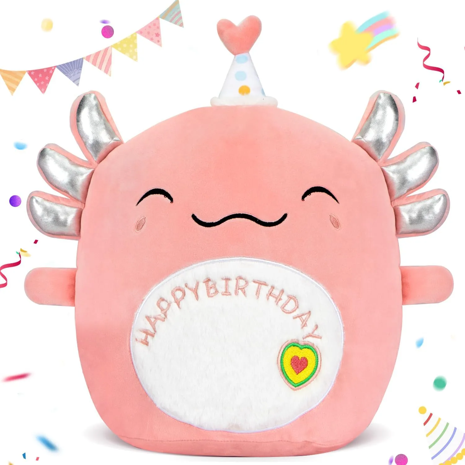 14" Happy Birthday Axolotl Plush Axolotl Stuffed Animal Pillow Cute Axolotl Toy Gift for Kids Boys Girls