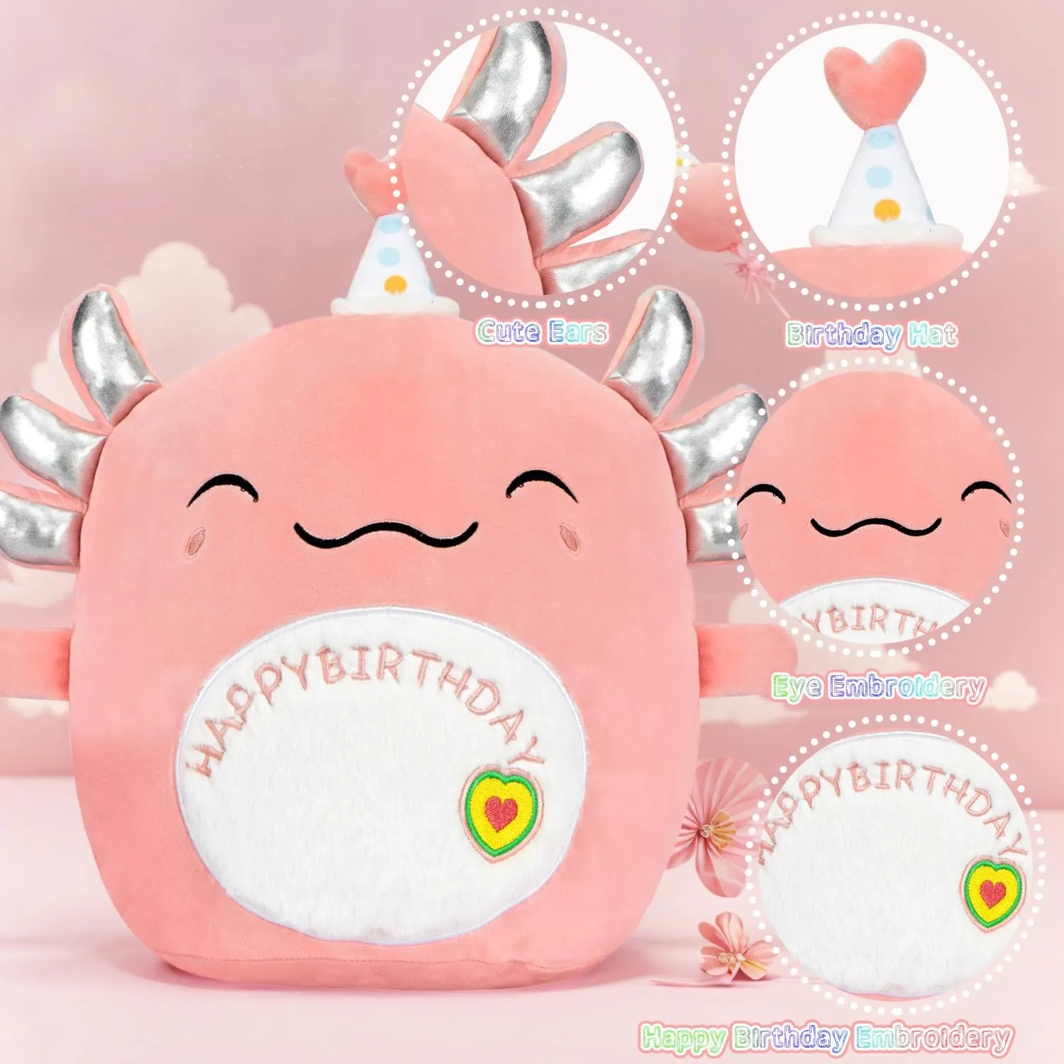 14" Happy Birthday Axolotl Plush Axolotl Stuffed Animal Pillow Cute Axolotl Toy Gift for Kids Boys Girls