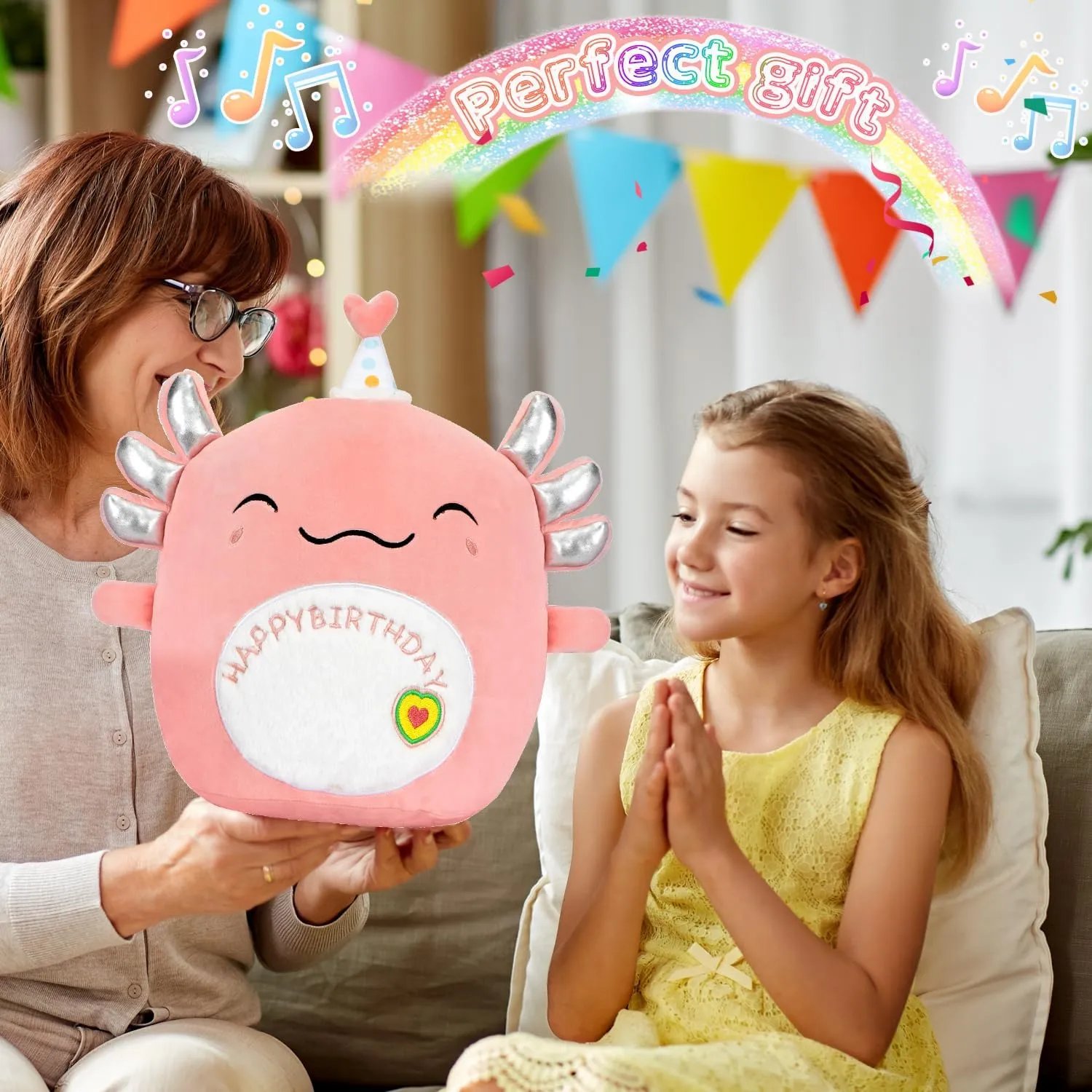 14" Happy Birthday Axolotl Plush Axolotl Stuffed Animal Pillow Cute Axolotl Toy Gift for Kids Boys Girls