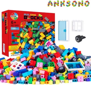 1500 Pieces Building Bricks for Kids with Doors, Windows, Wheels, Tires, Axles, Classic Building Bulk BlocksCompatible with All Major Brands for Boys Girls Ages 3 4 5 6 7 8 9 10 Year Old