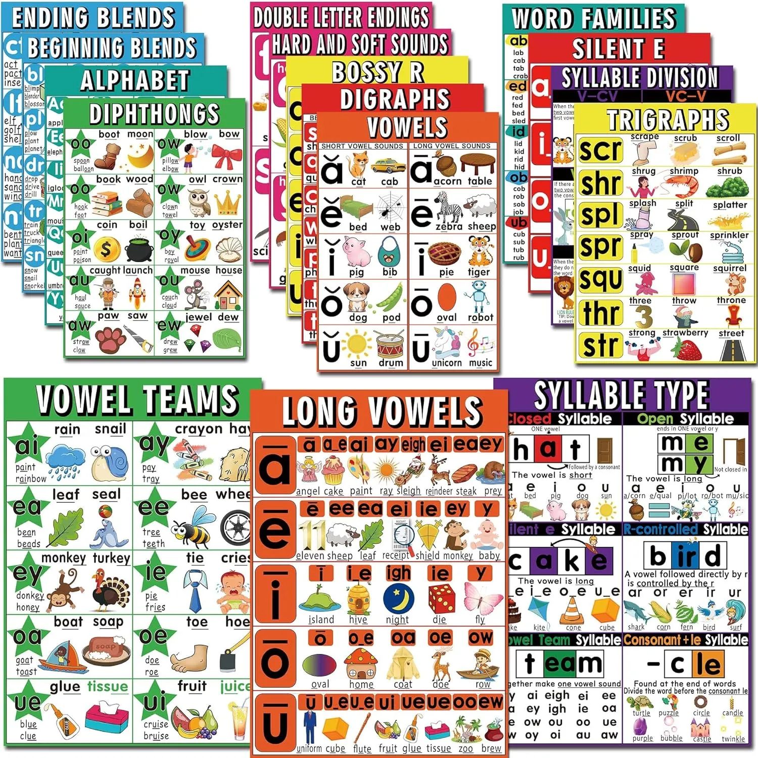 16 English Phonics Posters Language Arts Charts for Kids Toddler Learning Vowels Posters, Phonics Poster for Classroom, Digraphs and Blends Poster, Sound Wall Phonics Chart, Boho Classroom