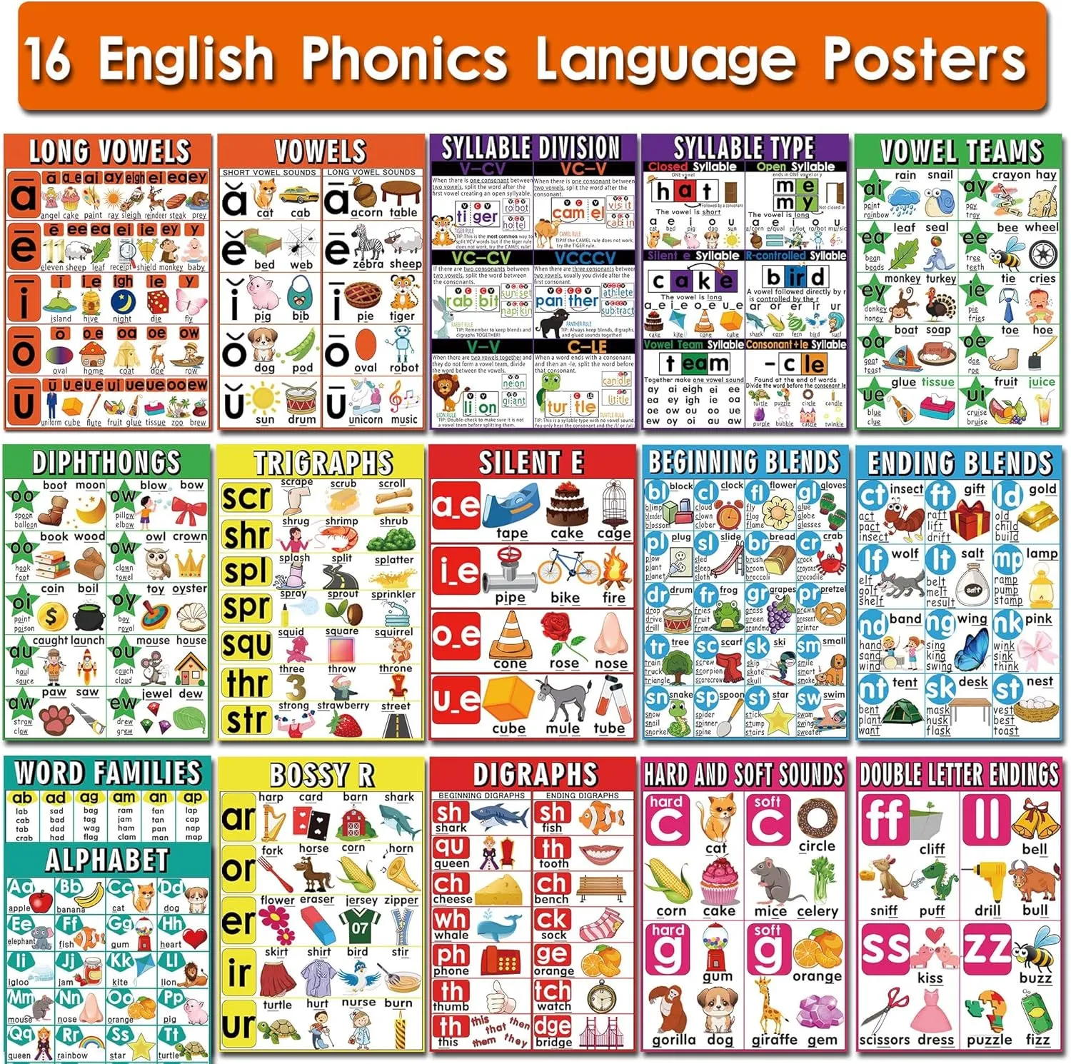 16 English Phonics Posters Language Arts Charts for Kids Toddler Learning Vowels Posters, Phonics Poster for Classroom, Digraphs and Blends Poster, Sound Wall Phonics Chart, Boho Classroom