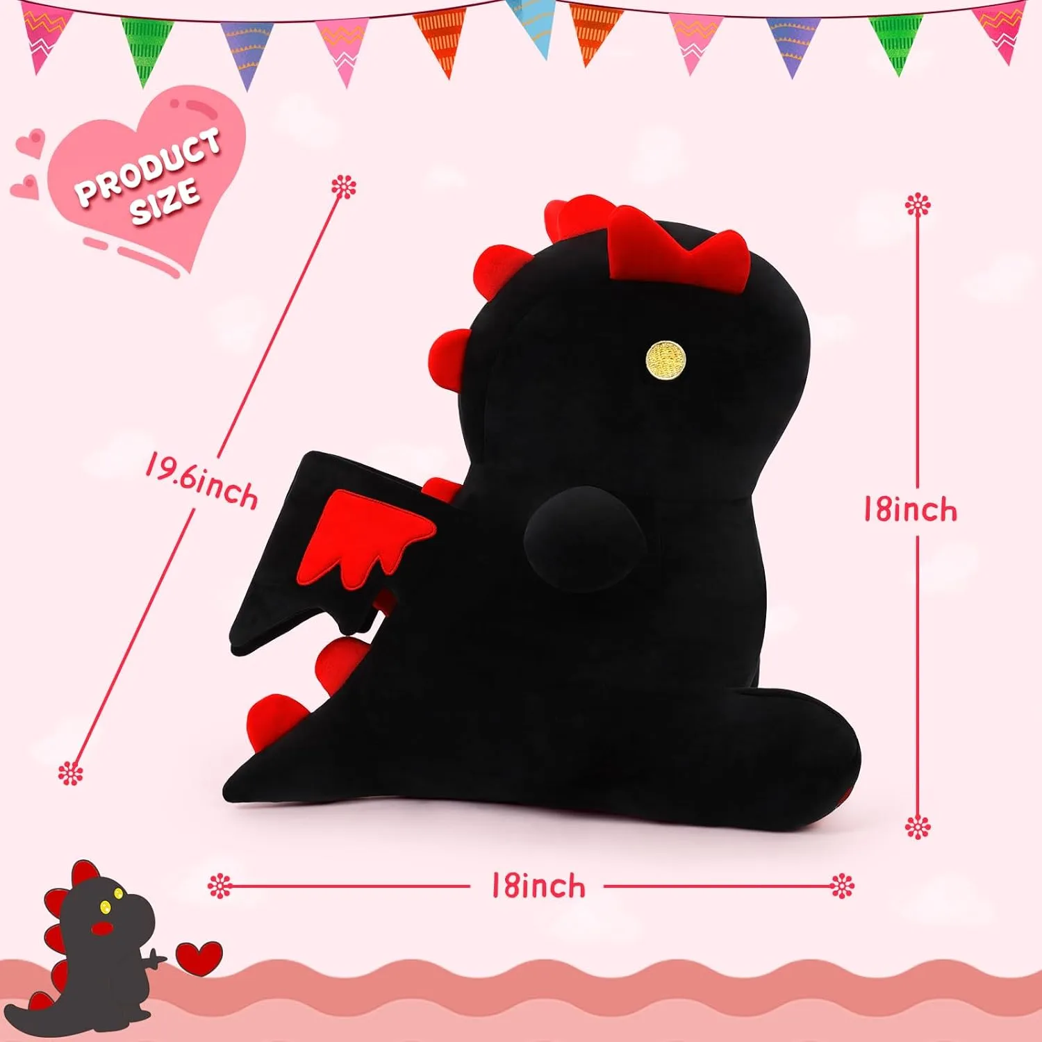 18" Cute Dinosaur Plush Toy Soft Plushie Figure Toys, Fat Dino Stuffed Animal Dolls, Squishy Plush Pillow for Anxiety Relief, Birthday Gifts for Kids Girls Boys, Black