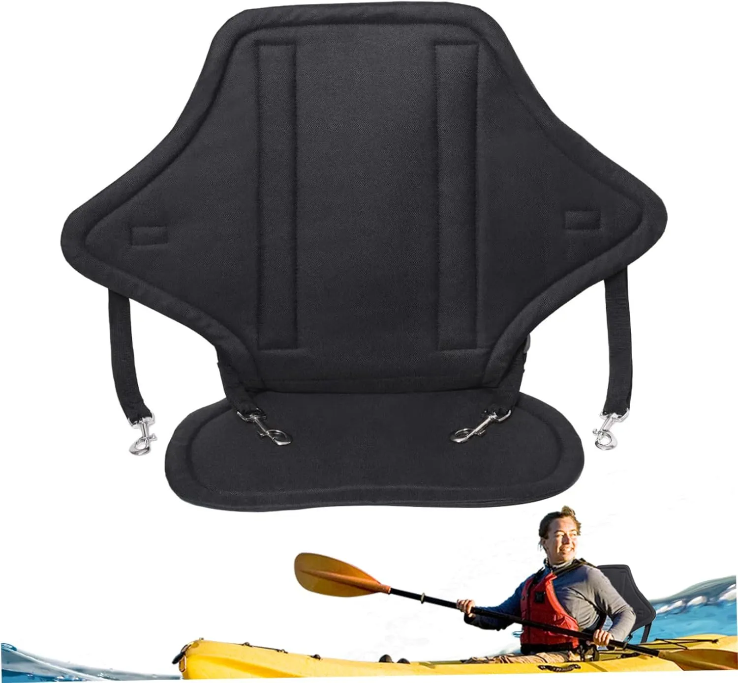 1PC Kayak Seat with Back Support Nylon Adjustable Paddle Board Seat with Snap Hooks Detachable Reusable Canoe Seat with Storage Bag Kayak Accessories Black
