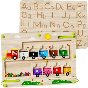 2 in 1 Magnetic Color and Number Maze   ABC Alphabet Tracing Board, Wooden Montessori Toys for 2 3 4 5 Year Old, Preschool Learning Activities, Christmas Birthday Gift for Toddler Boys & Girls