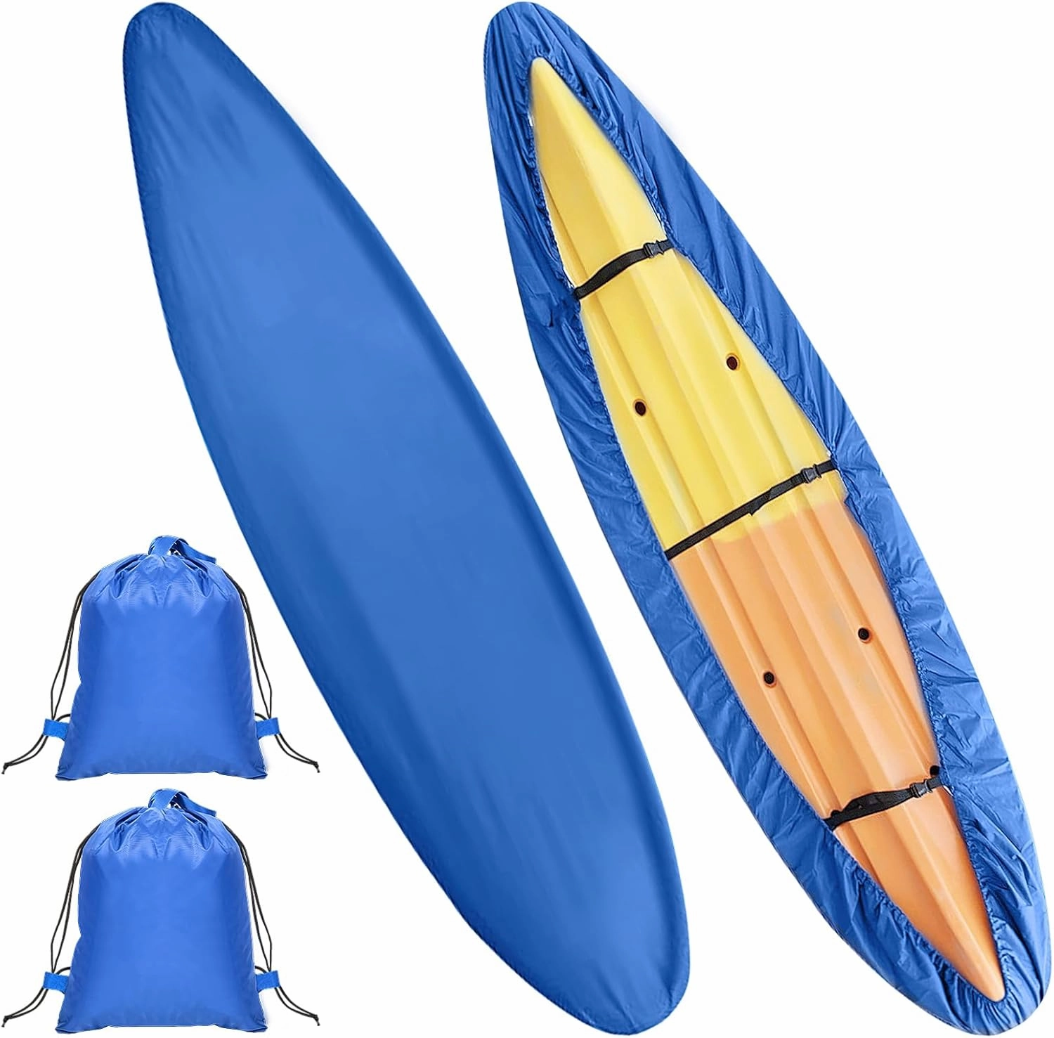 2 Pack Waterproof Kayak Covers 8.5-9.8ft Heavy Duty 420D Kayak Guard Sun Shield Protector with 2 Storage Bag 3 Adjustable Buckles for Outdoor and Indoor Canoe Paddle Board Storage, Blue