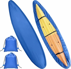 2 Pack Waterproof Kayak Covers 8.5-9.8ft Heavy Duty 420D Kayak Guard Sun Shield Protector with 2 Storage Bag 3 Adjustable Buckles for Outdoor and Indoor Canoe Paddle Board Storage, Blue