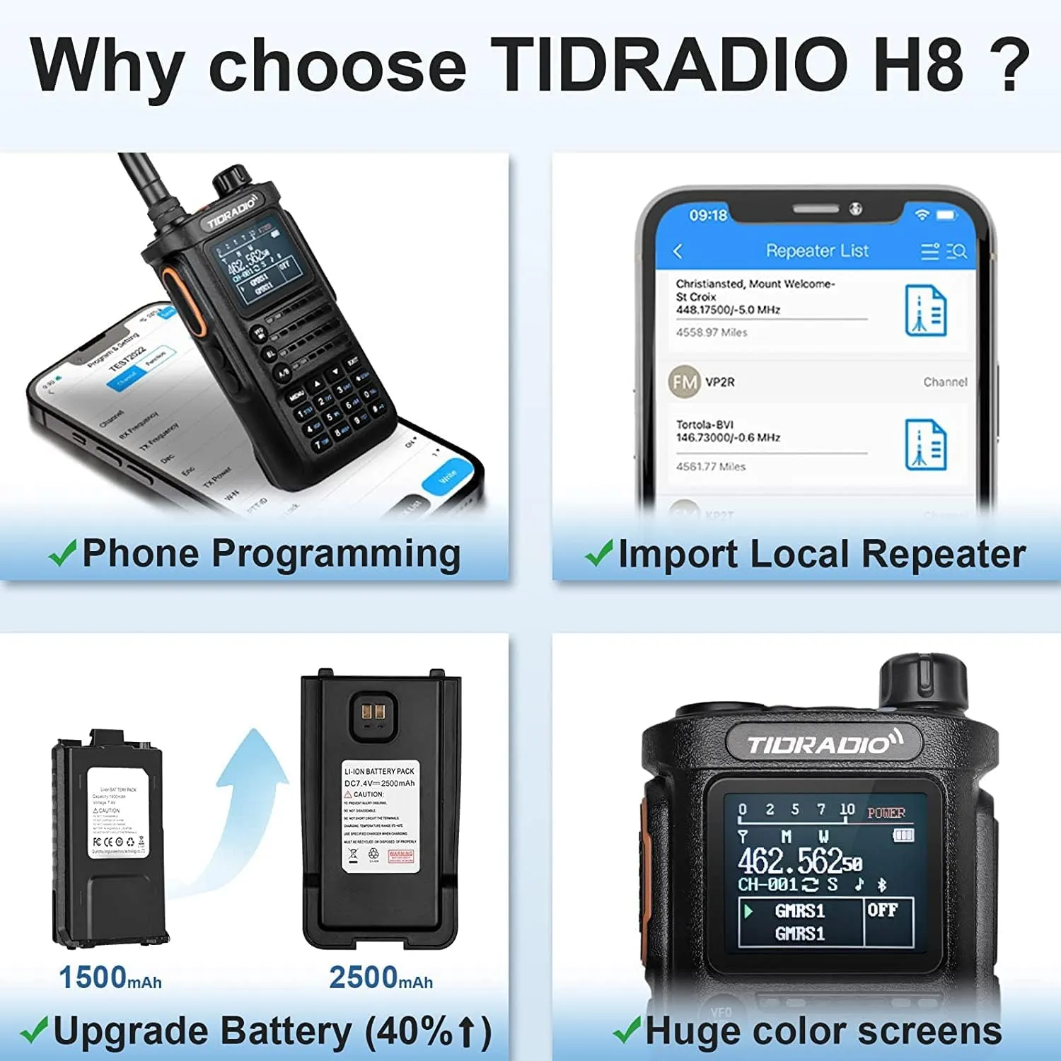 (2nd Gen) TIDRADIO TD-H8 GMRS Handheld Radio with Bluetooth Programming, Repeater Capable, NOAA Weather, Dual Band Long Range Two Way Radios, Walkie Talkies with 2500mAh Rechargeable Battery-2Pack