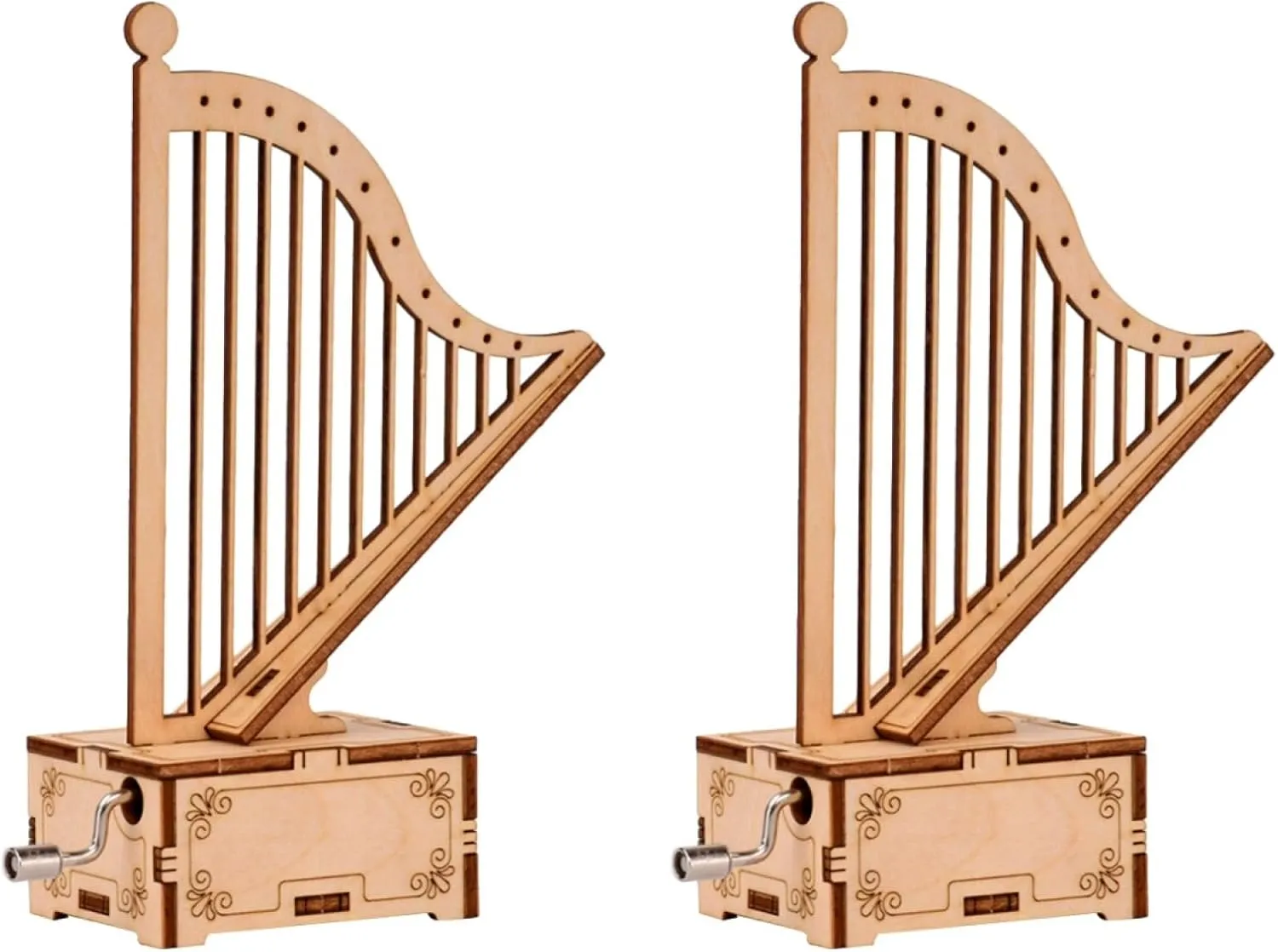 2pcs Wooden Handwork Music Box Set - Harp Shape Hand Cranked Music Box for Kids, Unique for Birthdays and Holidays