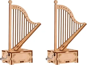 2pcs Wooden Handwork Music Box Set - Harp Shape Hand Cranked Music Box for Kids, Unique for Birthdays and Holidays