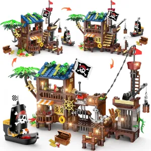 3 Style Pirate Ship Wharf Building Set with LED Light - 781PCS Medieval Pirate's House Building Block Toy, Architecture Bricks Kit for Kids Girls Boys Ages 6-12  Birthday Gifts