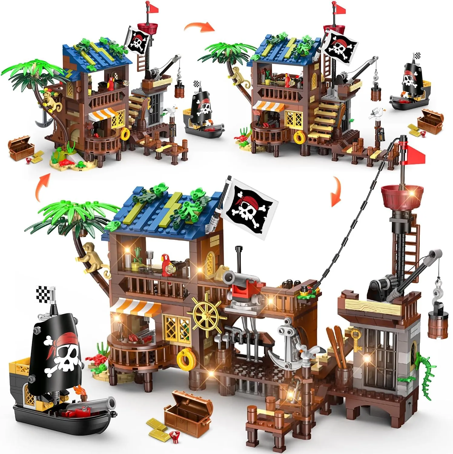 3 Style Pirate Ship Wharf Building Set with LED Light - 781PCS Medieval Pirate's House Building Block Toy, Architecture Bricks Kit for Kids Girls Boys Ages 6-12  Birthday Gifts