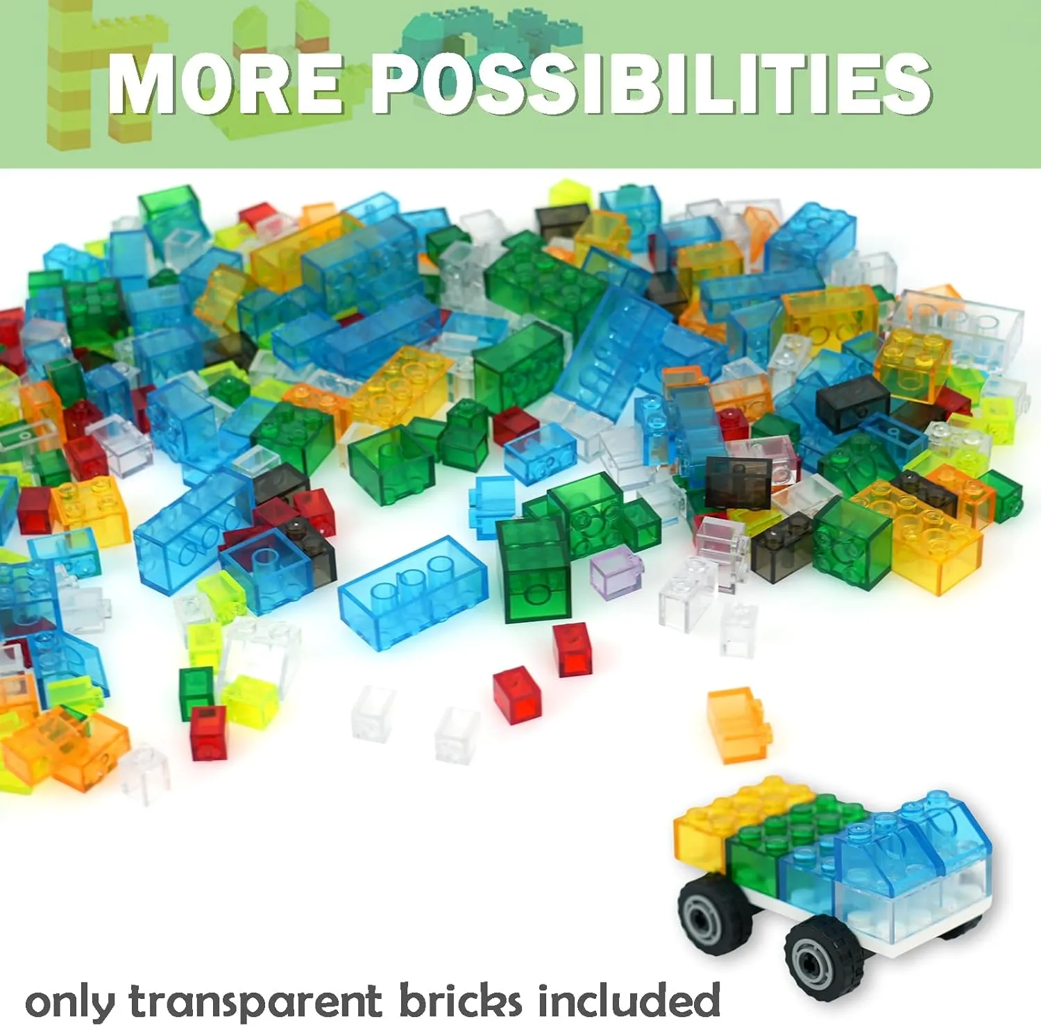 300 Pieces Transparent Clear Bricks Parts Pack, Classic Creative Bulk Blocks Set Blocks in Random Color - Mixed Shape
