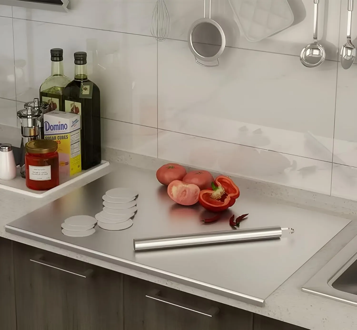 304 stainless steel cutting plate. Lipped stainless steel cutting board. Large cutting board suitable for meat, fruits, vegetables, bread, and baking. (Stainless Steel, 15.7"L x 11.8"W)