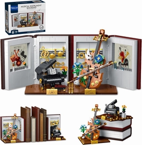 3 in 1 Music Themed Bookend Building Block Toy Set with LED Bricks, Creative Piano and Violin Building Bookstand Model, Home Décor Gift Ideas for Children and Adults (1520 pcs)