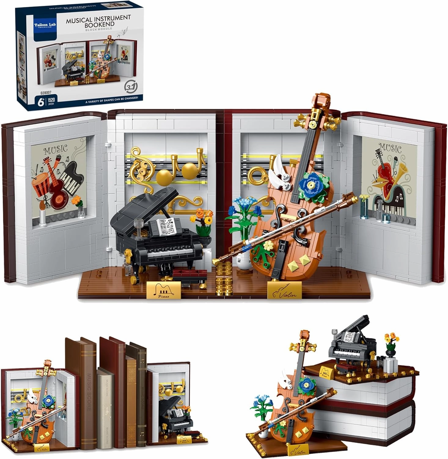 3 in 1 Music Themed Bookend Building Block Toy Set with LED Bricks, Creative Piano and Violin Building Bookstand Model, Home Décor Gift Ideas for Children and Adults (1520 pcs)