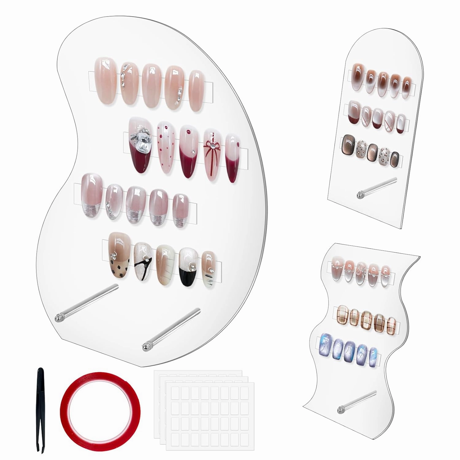 3 Sets Transparent Nail Art Display Board, False Nail Tips Sample Display Holder Large Acrylic Display Nail Color Nail Board with Double Sided Tape ＆ Tweezers for Salon Nail Art Showing