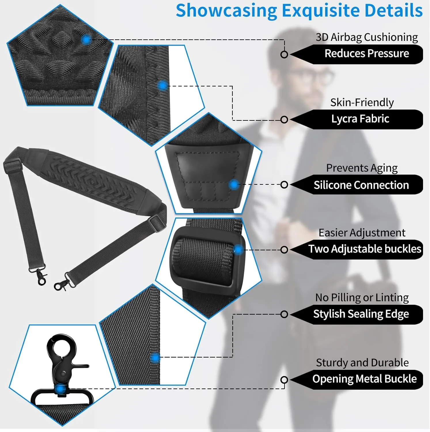 3D Air Cushion Ultra Comfortable Duffel Bag Strap，67" Universal Laptop Shoulder Strap, with Double Adjustable Buckles and Metal Hooksfor Briefcase Computer Messenger Bag (Reduced Stress)