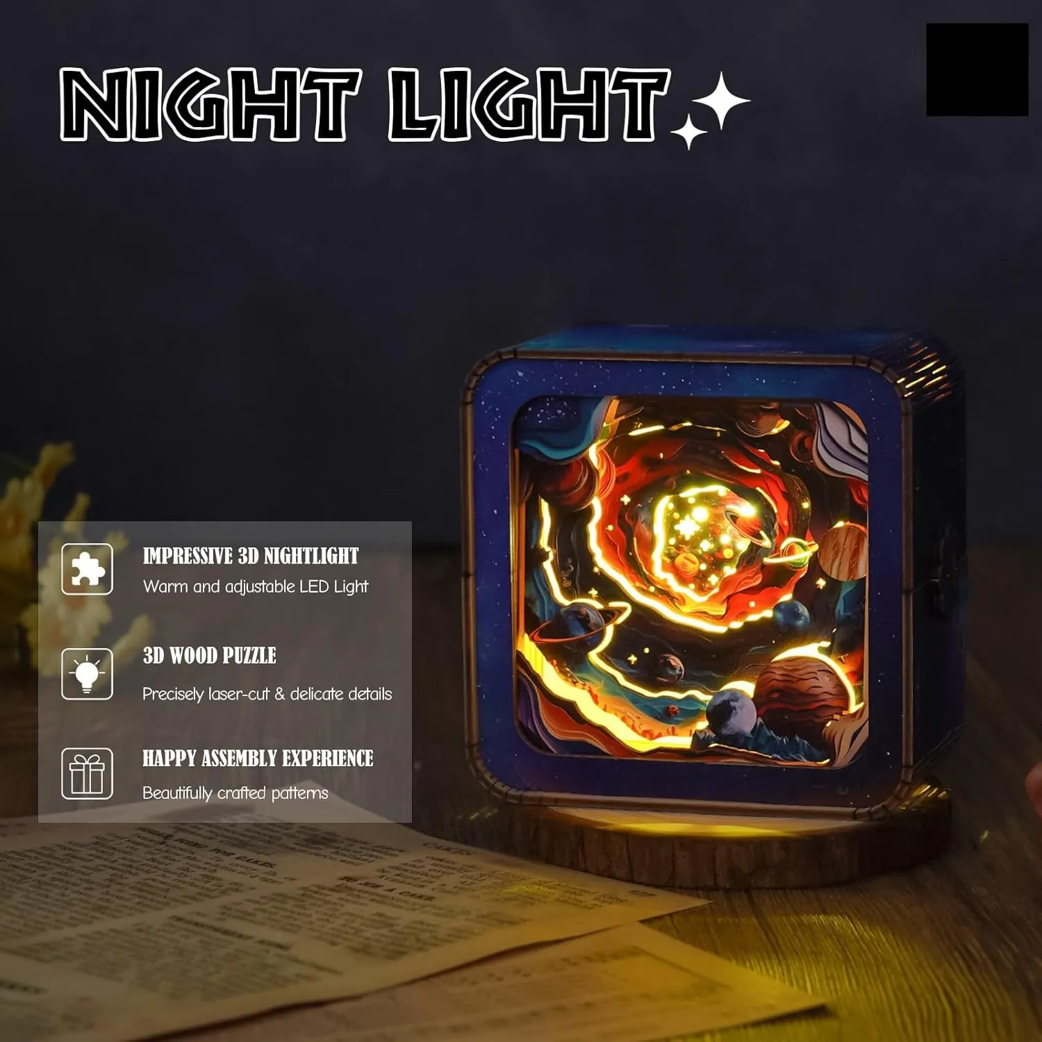 3D Puzzle Nightlight-DIY LED Light 3D Universe Jigsaw Wooden Puzzle-Art Lamp and Craft Kits for Kids and Adults-Birthday Gifts Toys-Home Desk Decor Family Game