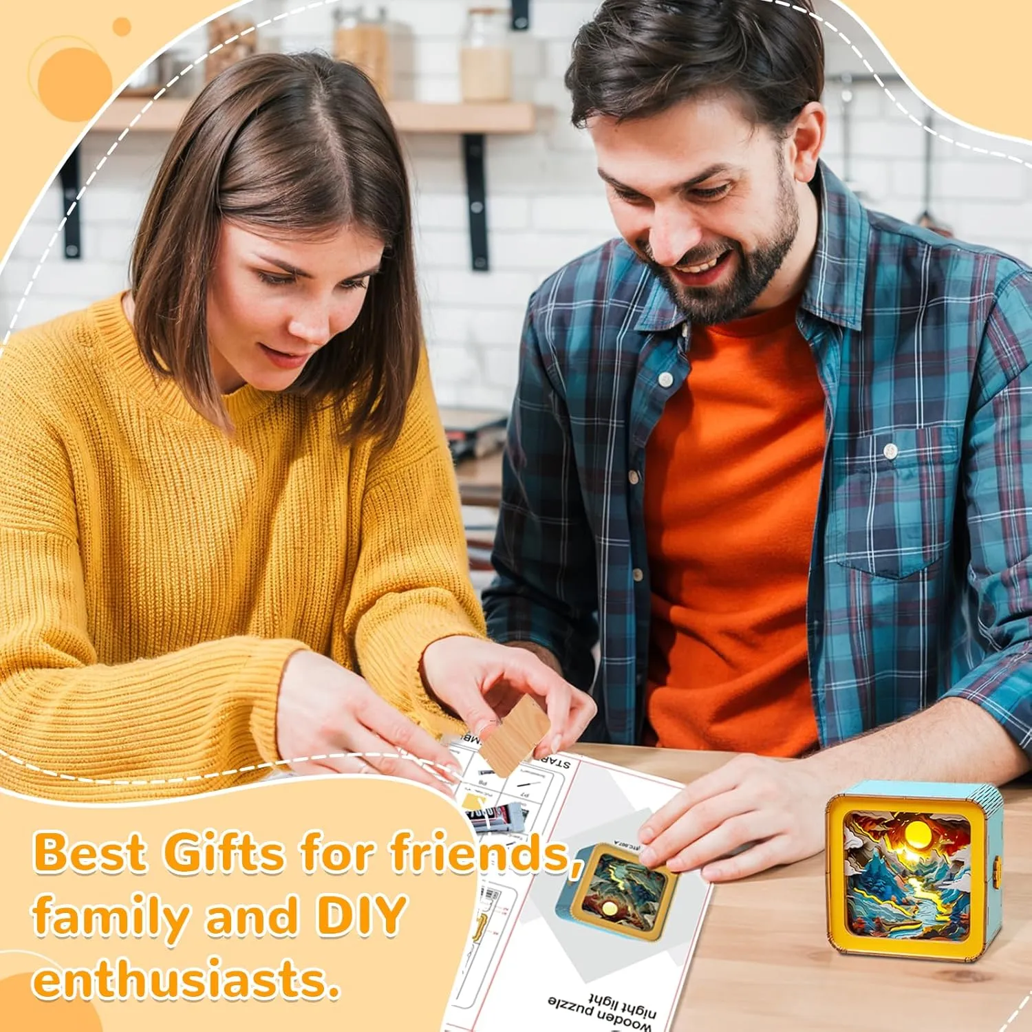 3D Wooden Puzzle Night Light, Valley Sunset DIY Puzzles for Adults, Eye Care Night Light with Touchable Switch, Personalized Gifts for Family Friend DIY Puzzle Lover