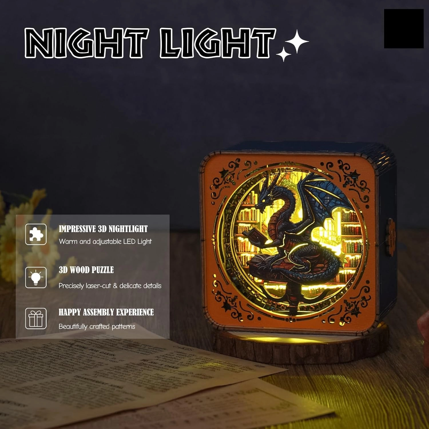 3D Puzzle Nightlight-DIY LED Light 3D Dragon Library Wooden Jigsaw Puzzle-Art Lamp and Craft Kits for Kids and Adults-Birthday Gifts Toys-Home Desk Decor Family Game