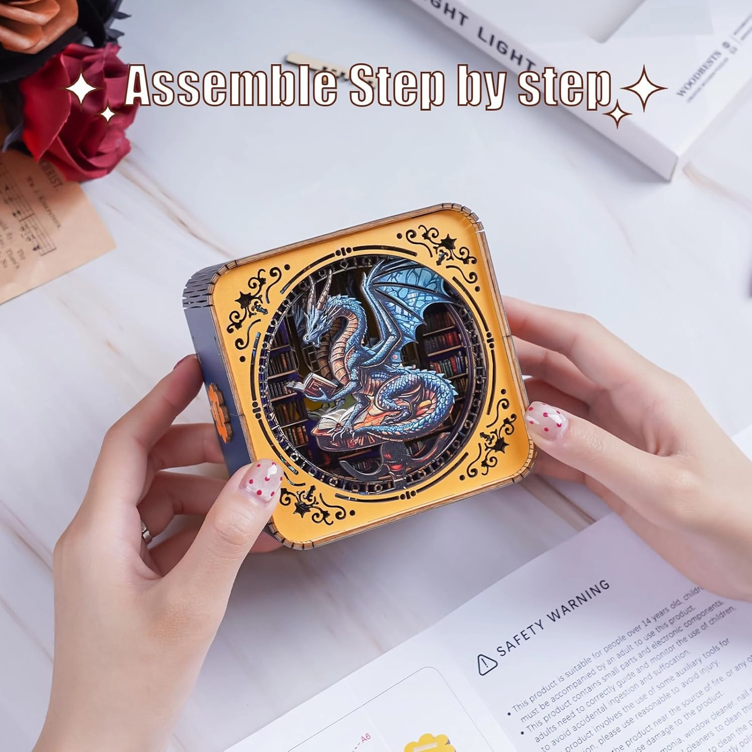 3D Puzzle Nightlight-DIY LED Light 3D Dragon Library Wooden Jigsaw Puzzle-Art Lamp and Craft Kits for Kids and Adults-Birthday Gifts Toys-Home Desk Decor Family Game