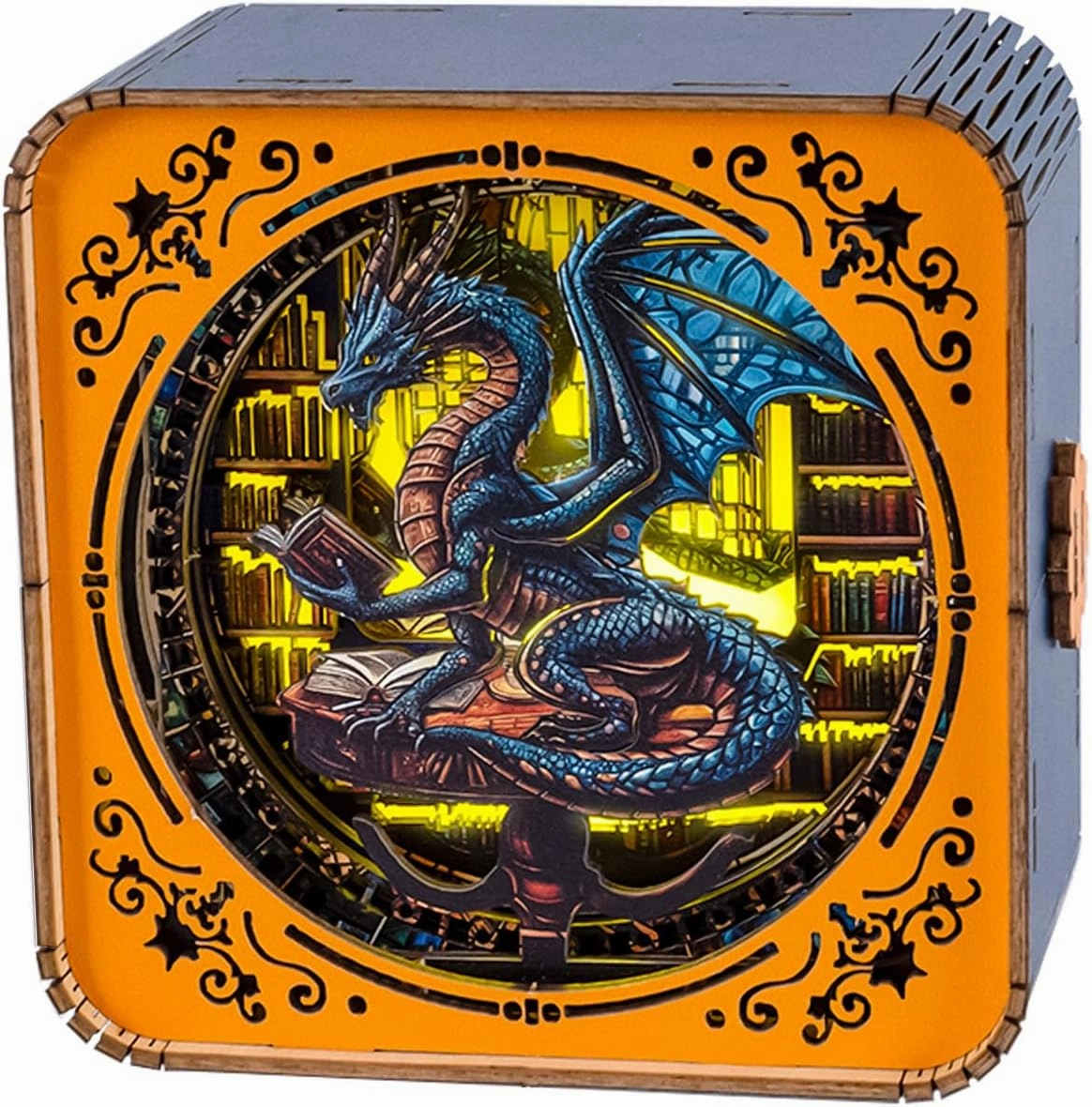 3D Puzzle Nightlight-DIY LED Light 3D Dragon Library Wooden Jigsaw Puzzle-Art Lamp and Craft Kits for Kids and Adults-Birthday Gifts Toys-Home Desk Decor Family Game