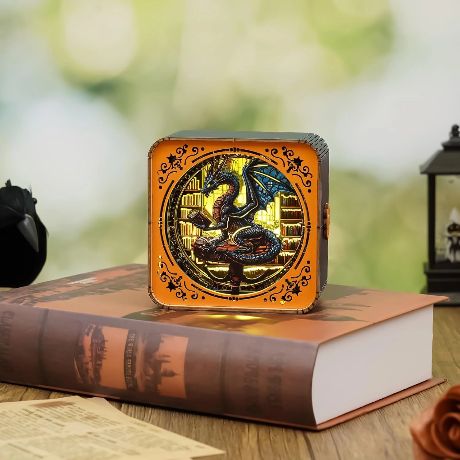 3D Puzzle Nightlight-DIY LED Light 3D Dragon Library Wooden Jigsaw Puzzle-Art Lamp and Craft Kits for Kids and Adults-Birthday Gifts Toys-Home Desk Decor Family Game