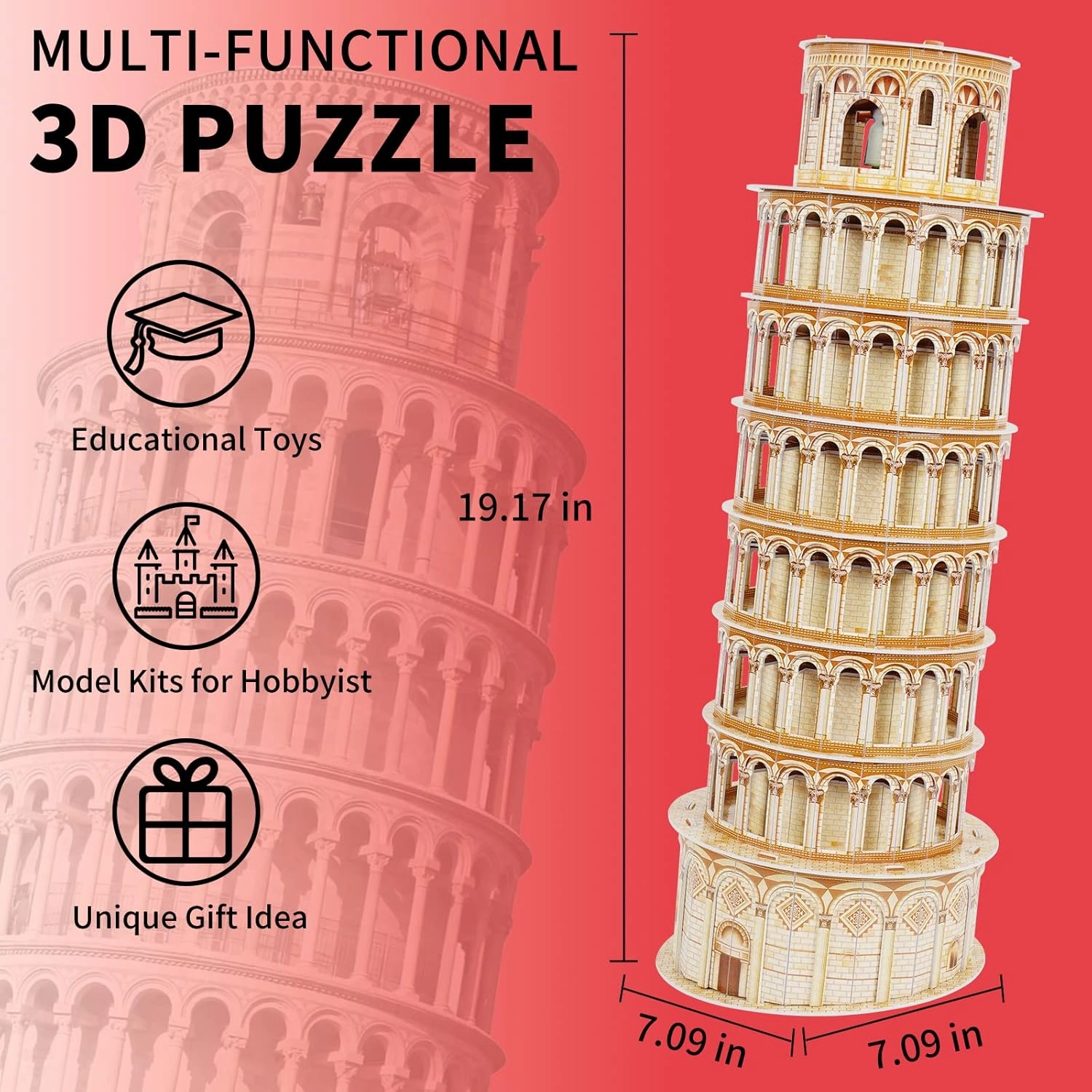 3D Puzzles for Adults & Kids, Exquisite Leaning Tower of Pisa City Large Architecture Building Model Kit, 3D Jigsaw Craft Kits STEM Educational Toys Birthday for Boys Girls Ages 10  Home Decor, 70 PCS
