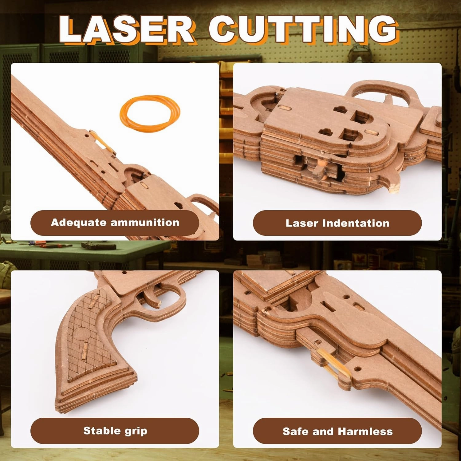 3D Puzzles for Adults, Wooden 3D Puzzle Model Rubber Bands Gun Toys Building Kits, DIY Wood Crafts Cool Toy Hobbies for Men Women, Creative Assembly Gifts (M97)