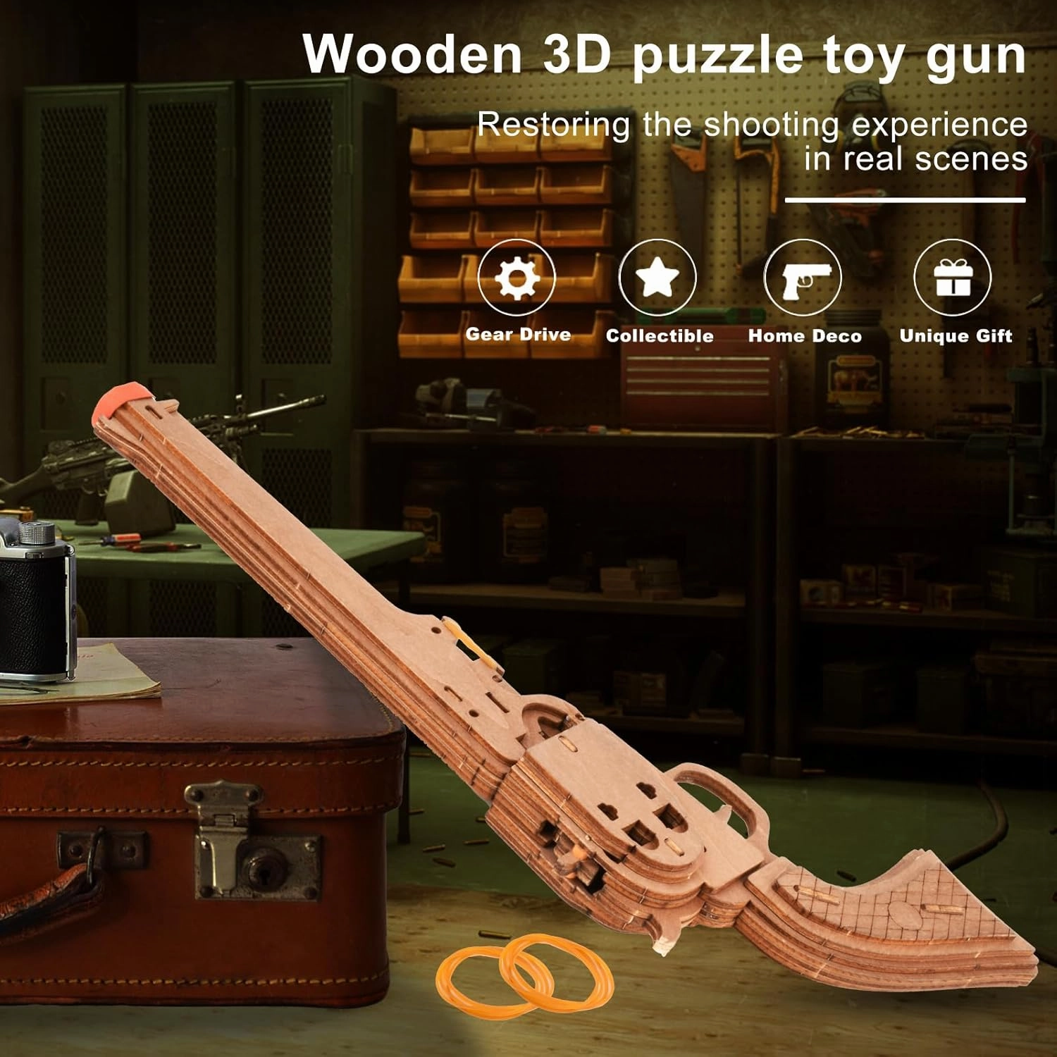 3D Puzzles for Adults, Wooden 3D Puzzle Model Rubber Bands Gun Toys Building Kits, DIY Wood Crafts Cool Toy Hobbies for Men Women, Creative Assembly Gifts (M97)