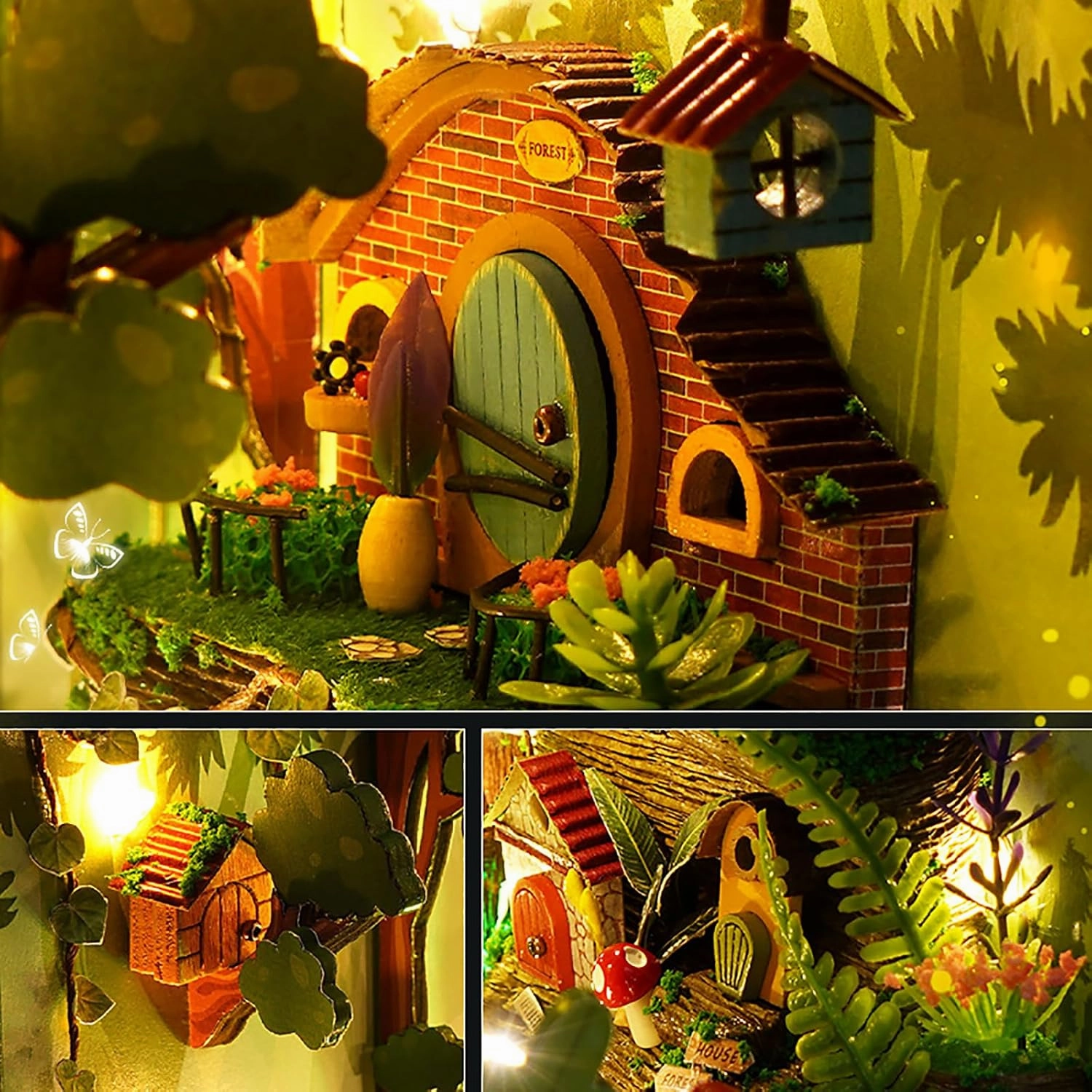 3D Wooden Book Stand Puzzle, DIY Dollhouse Wood Bookends Book Nook Model Building Kit with LED Light for Teens and Adults to Build-Creativity Gift for Christmas(Firefly Forest)