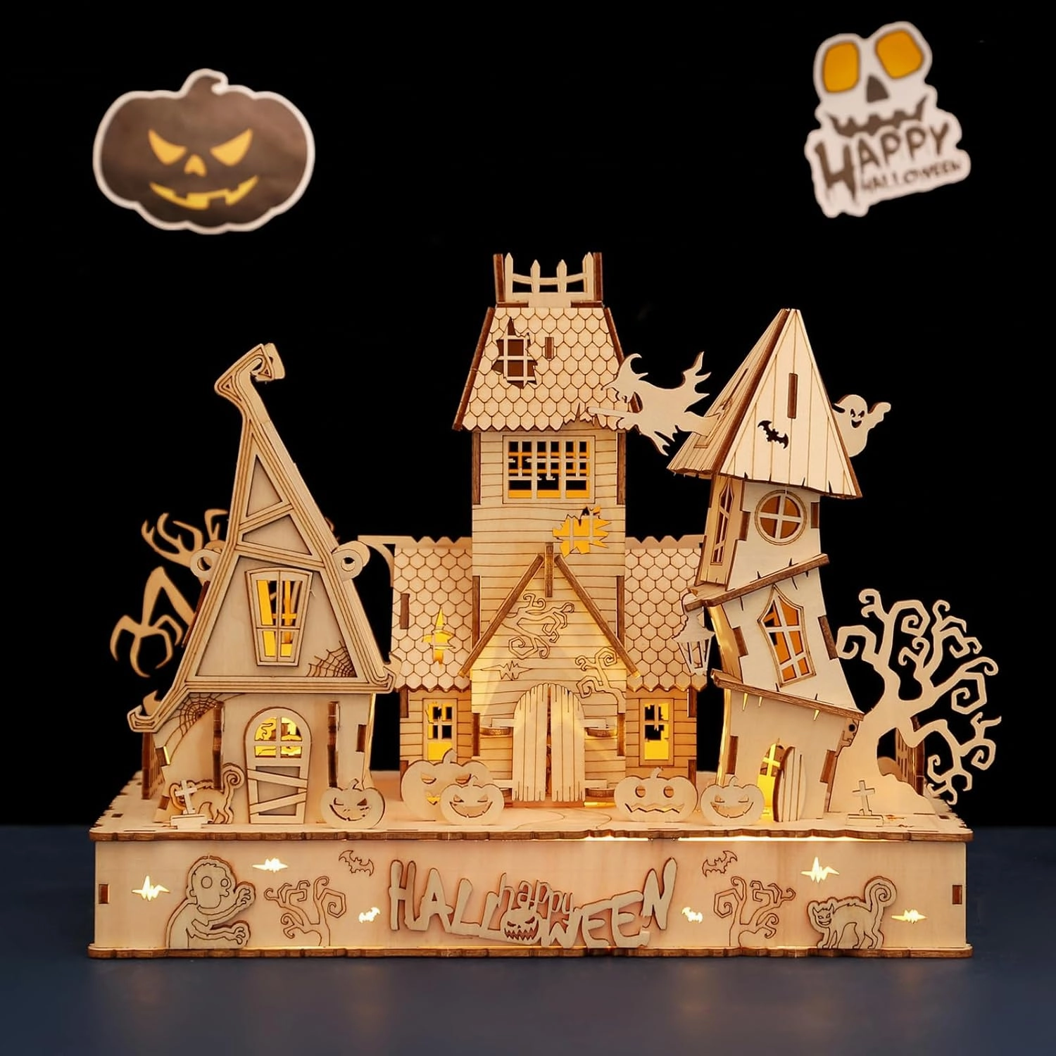 3D Wooden Halloween Haunted House Puzzles, Wood Creative Glow in The Dark Haunted House Puzzle, Assembly Model Building Kits to Build for Adults & Kids, Halloween Decor Model Kits