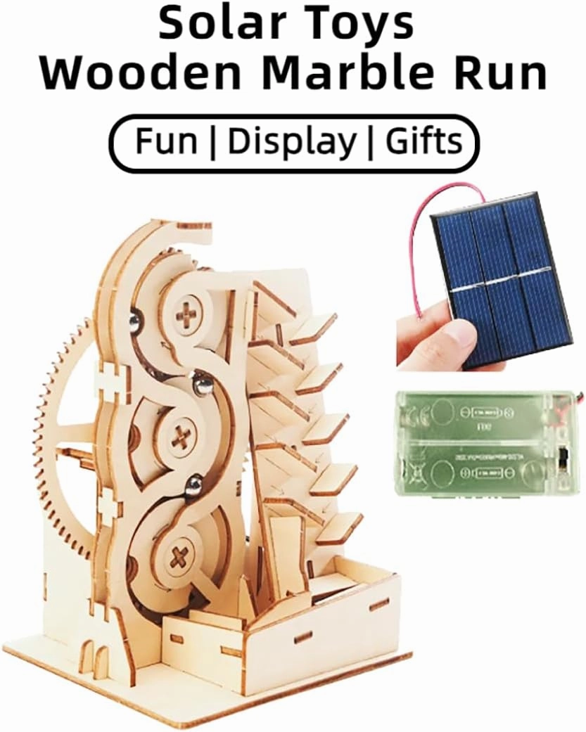 3D Wooden Puzzle Marble Track Construction Kit Solar Powered STEM Toy for Kids Ages 8-13,Creative and Educational Marble Runs with Multiple Tracks, for Boys and Girls Building Toys