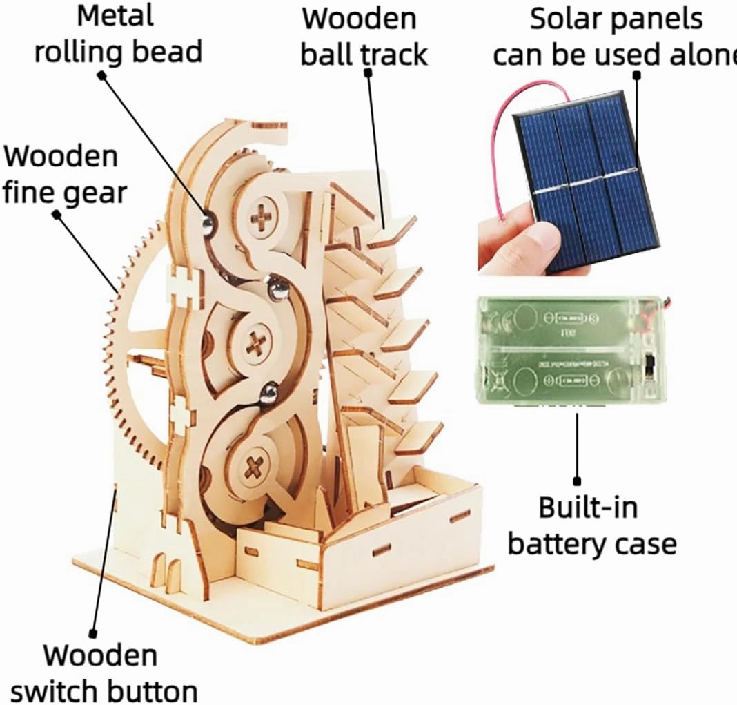 3D Wooden Puzzle Marble Track Construction Kit Solar Powered STEM Toy for Kids Ages 8-13,Creative and Educational Marble Runs with Multiple Tracks, for Boys and Girls Building Toys
